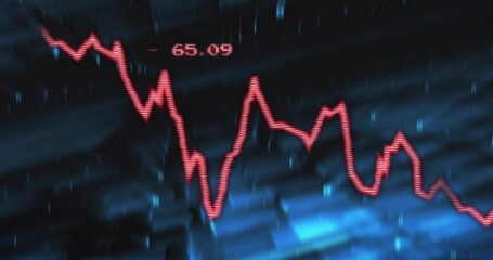 Displaying glowing red jagged line chart tracking decline on blue grid backdrop, showing -65
