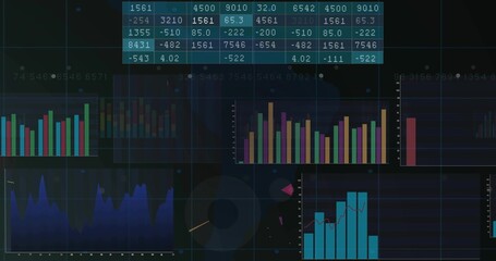 Displaying dark analytics dashboard on screen showing numeric matrix, bars, area chart, donut chart