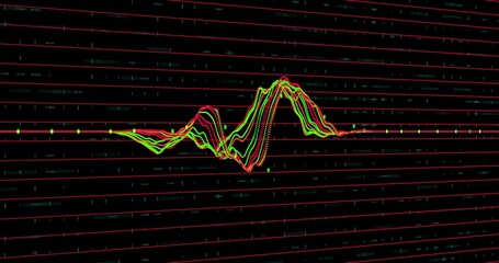 Showing multicolored waveform cluster oscillating on dark monitor screen, with circular data nodes
