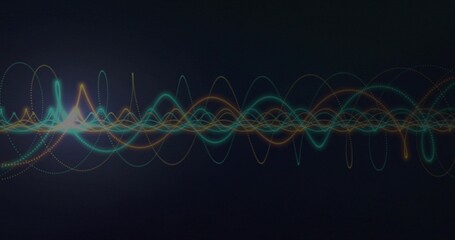 Showing center band of glowing waveforms on dark canvas, with teal cyan orange yellow dotted trails