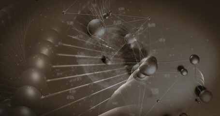 Rotating stylized double helix strand running virtual lab space, with metal spheres and data labels © vectorfusionart