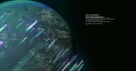 Obraz premium Displaying large Earthlike planet rotating in space, showing colorful streaks and white code