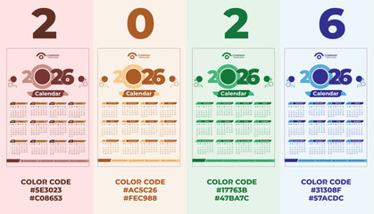 2026 Calendar Vector Set &ndash; Modern Minimal in 4 Color Themes | Printable & Editable Template