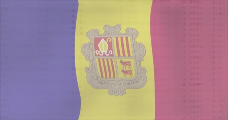 Displaying Andorra flag with blue yellow red bands filling frame, showing coat of arms and motto