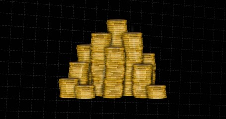 Displaying central stack of gold coins shimmering on black grid, casting soft shadows