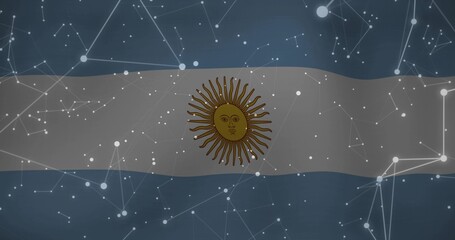 Obraz premium Displaying Argentine flag across dark bluish backdrop, showing golden Sun of May, net overlay