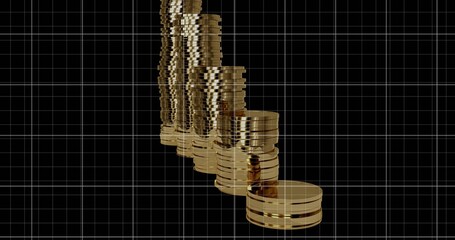 Displaying reflective gold coin stacks rising diagonally in virtual 3D space, with white grid