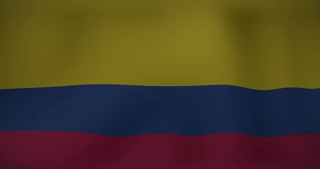 Showing tricolor flag filling closeup frame, with yellow blue red stripes, fabric weave, stitching