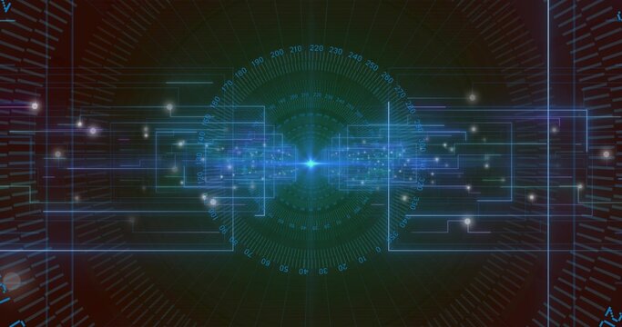 Pulsing central blue hub emitting concentric gauge ticks at HUD with thin panels, glowing traces - Powered by Adobe