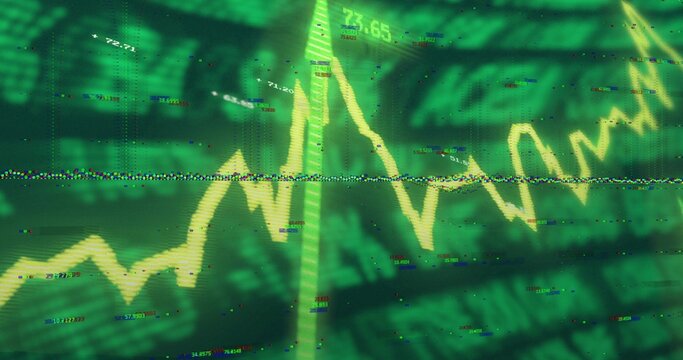 Displaying yellow jagged stock chart running over banknote on trading screen, with glitch band - Powered by Adobe