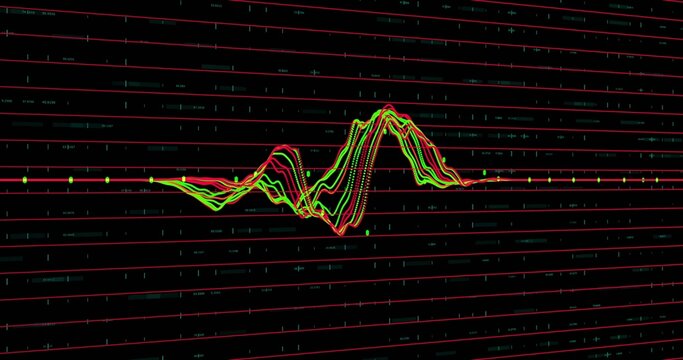 Showing multicolored waveform cluster oscillating on dark monitor screen, with circular data nodes