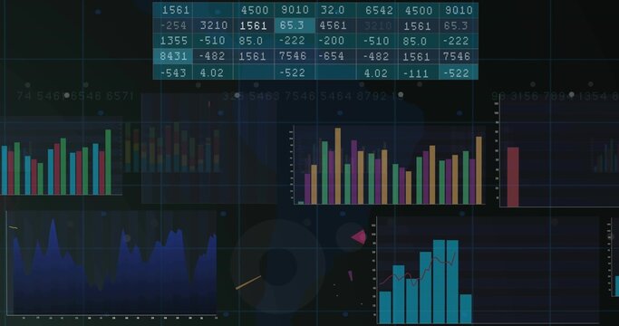 Displaying dark analytics dashboard on screen, showing cyan table, bar charts, area chart, grid