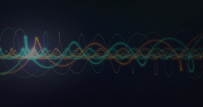 Fototapeta Showing center band of glowing waveforms on dark canvas, with teal cyan orange yellow dotted trails
