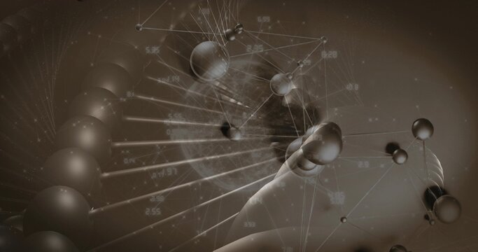 Rotating stylized double helix strand running virtual lab space, with metal spheres and data labels