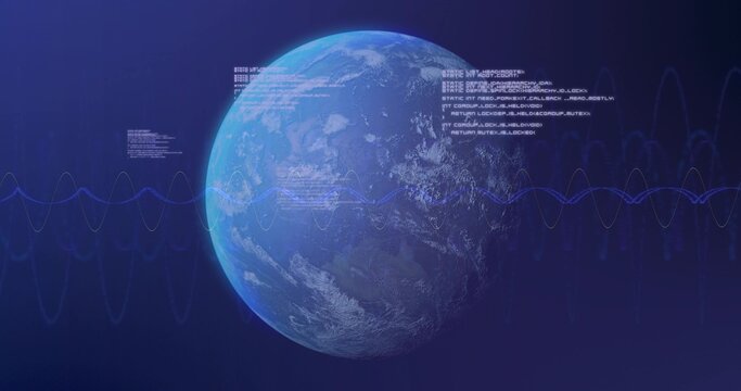 Displaying Planet Earth rotating in outer space, showing sinewave lines, code readouts, grid halo - Powered by Adobe