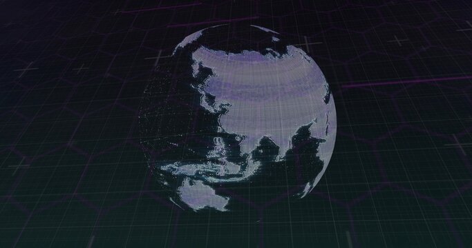 Floating holographic point-cloud globe above dark grid with hexagonal overlay and magenta scanlines - Powered by Adobe