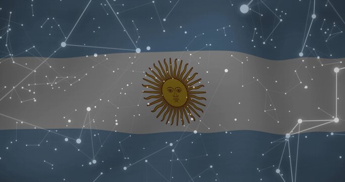 Naklejki Displaying Argentine flag across dark bluish backdrop, showing golden Sun of May, net overlay