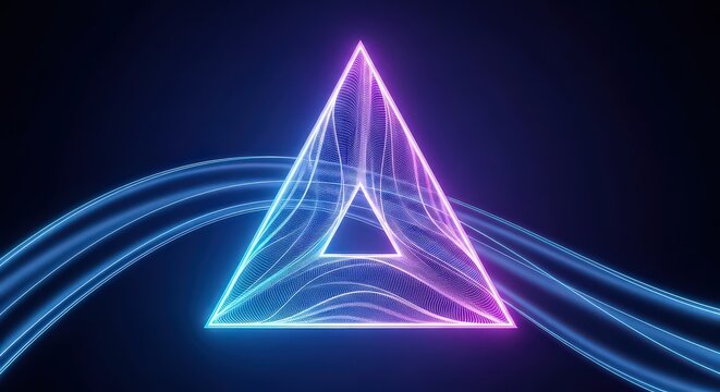 Abstract neon geometric pyramid with flowing light trails on a dark background