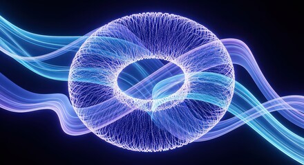 Abstract glowing ring structure with flowing energy waves in a dark futuristic digital art style