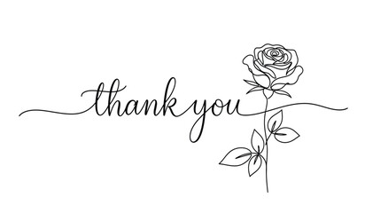 Elegant thank you card design with rose flower single line art delicate floral illustration minimalist style isolated on white background silhouette