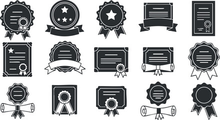 A collection of various award and certificate icons in black and white vector style, ideal for recognition and achievement themes