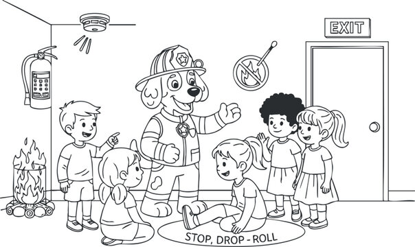 A group of children learning fire safety with a friendly dog character in black and white outline vector style, ideal for educational materials