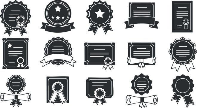 A collection of various award and certificate icons in black and white vector style, ideal for recognition and achievement themes