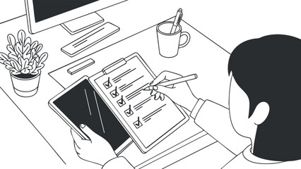 A person working with a checklist on a tablet in minimalist black and white vector style, suitable for productivity and office themes
