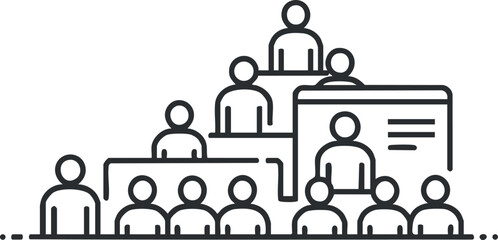 A group of people in a meeting setting with a presenter in minimalist outline vector style, suitable for business presentations and educational materials