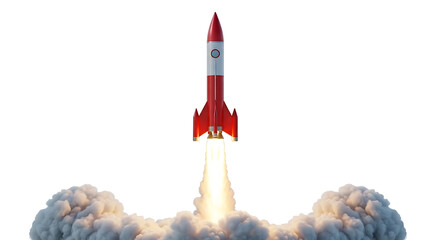 Red and white rocket launching with bright orange flames and smoke clouds isolated on a transparent background