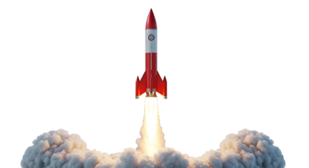 Red and white rocket launching with bright orange flames and smoke clouds isolated on a transparent background