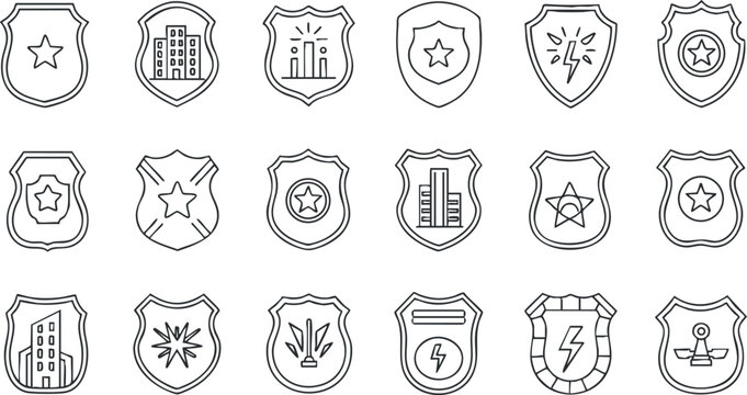 A collection of outline style security badges and icons featuring stars, shields, and city buildings in minimalist vector design, suitable for law enforcement branding and graphics