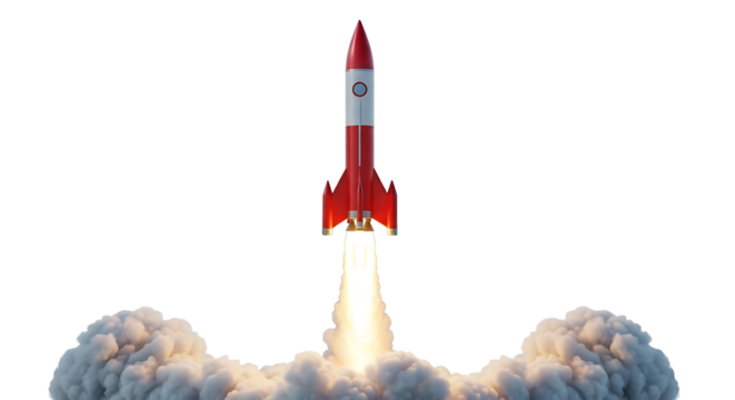 Red and white rocket launching with bright orange flames and smoke clouds isolated on a transparent background