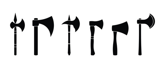 Set of black axe silhouettes. Wood axe silhouette vector, collection of various hatchet icons, medieval battle weapons, lumberjack wood chopping tools