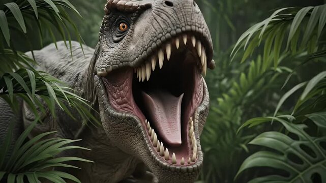 Grey Dinosaur Close Up in Lush Green Tropical Forest with Sharp Teeth and Open Mouth Detail