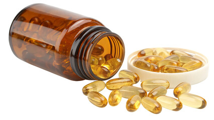 Amber bottle filled with golden gelatin capsules cut out on PNG isolated on white. AI GENERATED.
