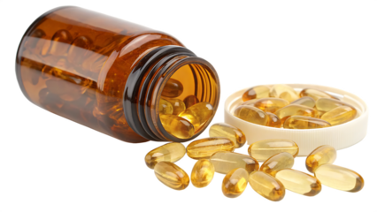 Amber bottle filled with golden gelatin capsules cut out on PNG isolated on white. AI GENERATED.