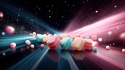 A vibrant and abstract image featuring colorful candy sweets floating in a cosmic space with light trails and sparkles, creating a dynamic and visually appealin