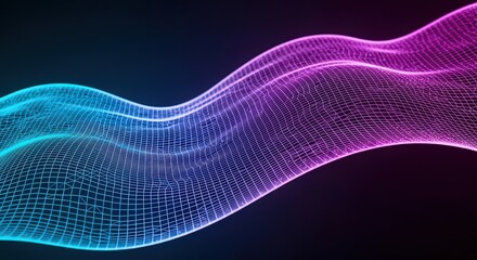 Abstract glowing digital wave of light particles in vibrant blue and purple hues against a dark background representing data flow and technology