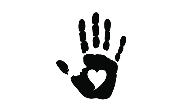 Handprint with heart shape silhouette symbol of love care and connection in a minimalist black and white design silhouette
