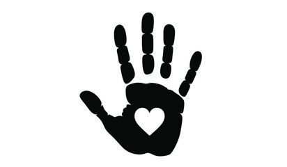 Handprint with heart symbol inside palm black and white graphic design for love care and support concepts silhouette