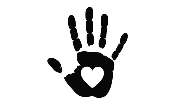 Handprint with heart silhouette symbol of love care and connection black and white design featuring a silhouette