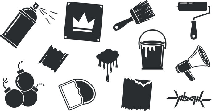 A collection of graffiti art tools including spray paint cans, brushes, and stencils in black and white vector style, ideal for urban design projects