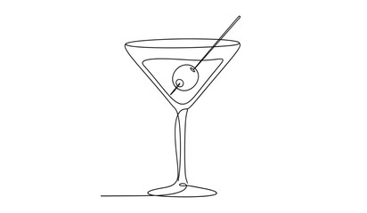 Elegant martini glass with olive and straw minimalist line art illustration for cocktail hour invitations and bar menus silhouette