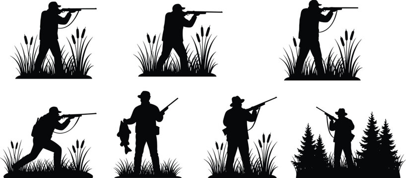 Hunter silhouette set, men with rifles aiming in marshland and forest, vector illustration collection of outdoor shooting sport.