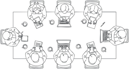 A group of six people engaged in a business meeting around a table in minimalist black and white vector style, ideal for corporate presentations