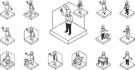 A collection of business professionals interacting with technology in outline vector style, suitable for digital marketing and corporate presentations