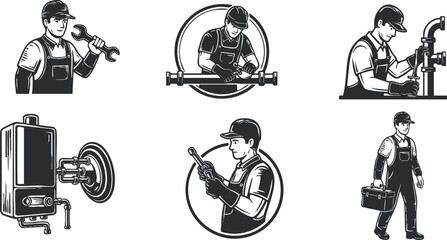 A collection of plumber illustrations featuring workers with tools in black and white vector style, suitable for plumbing services and repair branding