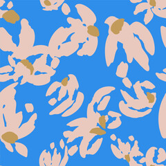 Abstract floral seamless pattern with soft beige flower shapes and muted golden centers on a bright blue background. Perfect for textiles, packaging, wallpapers, branding, stationery