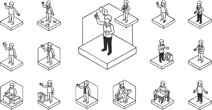 A collection of business professionals interacting with technology in outline vector style, suitable for digital marketing and corporate presentations - Powered by Adobe